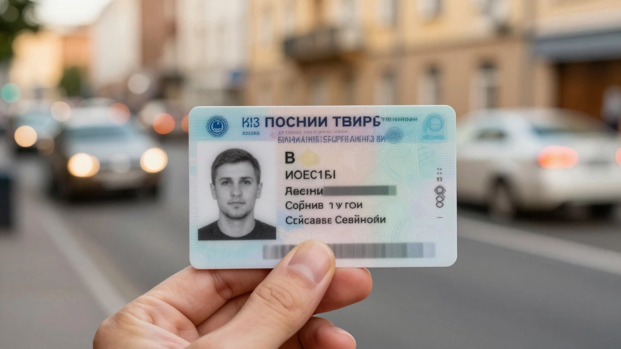 Рука держит водительское удостоверение категории В на фоне города