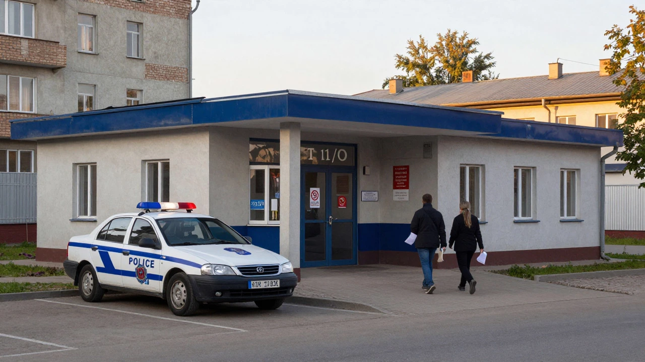 Такси припарковано у входа в участок полиции в вечернее время