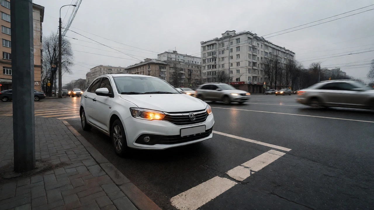 Учебный автомобиль с включенным поворотником ожидает старта у обочины городской улицы