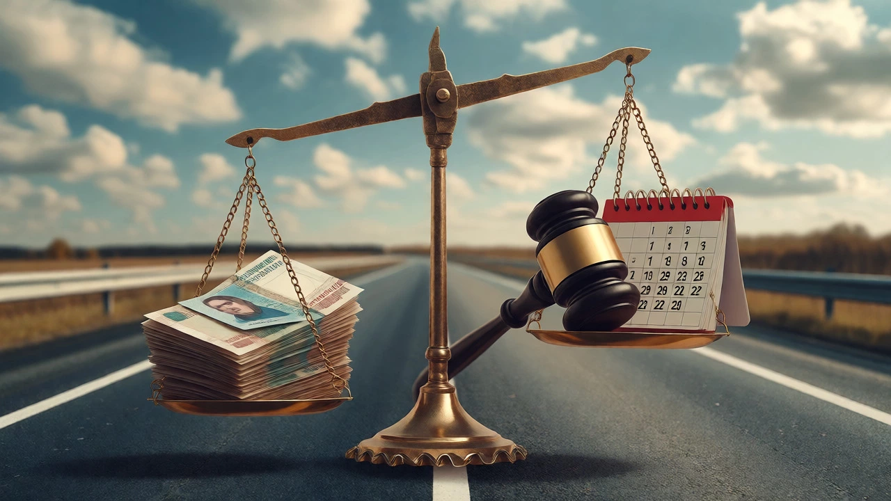 Весы правосудия над дорогой, символизирующие оспаривание штрафов ПДД